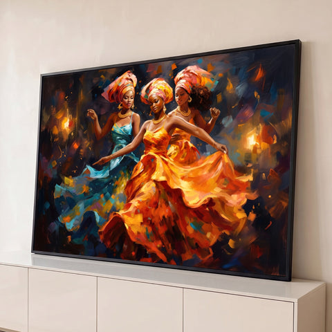 Três mulheres negras de turbante dançando com vestidos laranja e azul em pinceladas a óleo, quadro decorativo