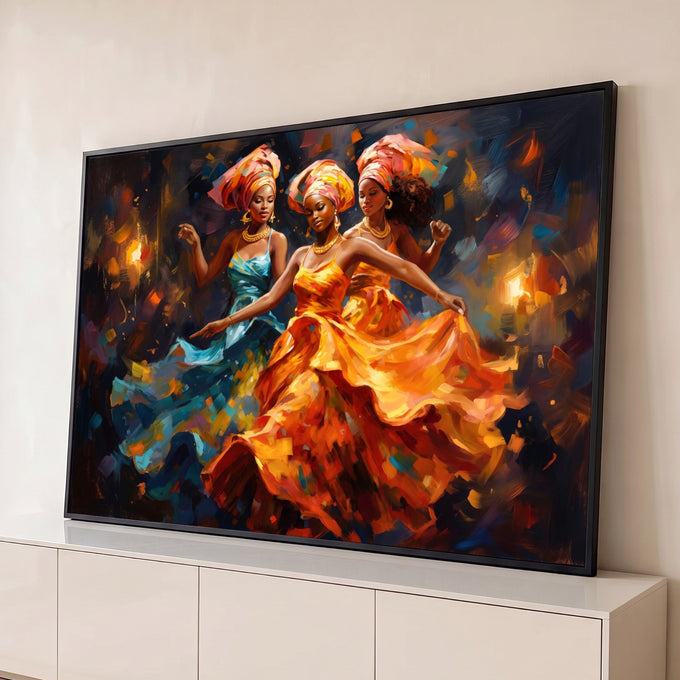 Quadro Decorativo Grande Mulheres Africanas para Sala | quadros decorativos para sala | três mulheres de turbante dançando em vestidos azul e laranja com fundo abstrato colorido | Porao dos Quadros