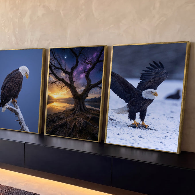 Quadro Decorativo Kit 3 Telas Águias e Árvore para Sala Azul | quadros decorativos para sala | três cenas com águia pousada na neve, árvore solitária sob céu estrelado e águia em voo com peixe | Porao dos Quadros