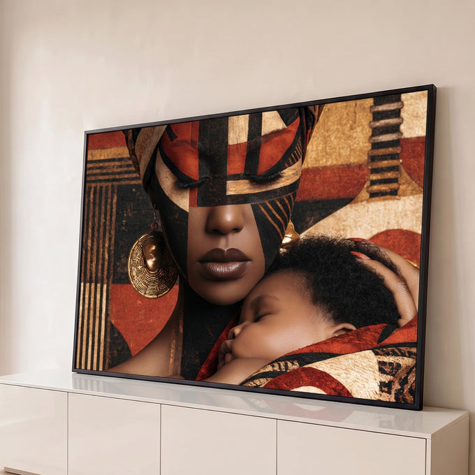 Quadro Decorativo Mãe e Filho com Pintura Facial Africana | quadros decorativos para sala | mulher com rosto pintado em preto e vermelho segurando bebê adormecido no ombro | Porao dos Quadros