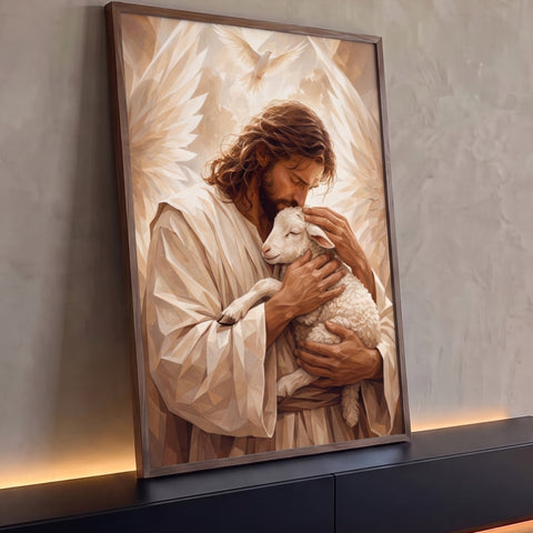 Jesus abraça e beija um cordeiro branco sob a pomba do Espírito Santo em tons bege, quadro decorativo