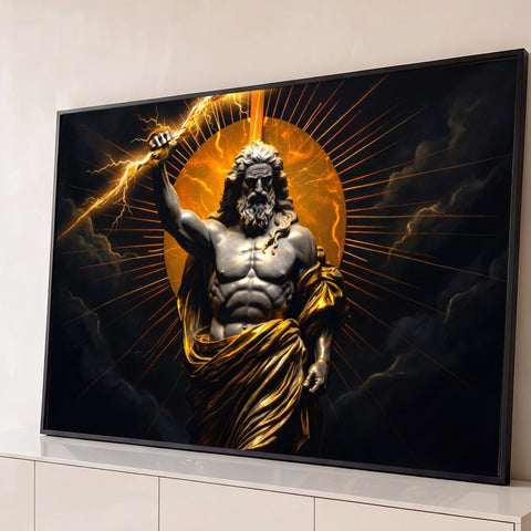 Zeus em estilo estátua erguendo raio dourado diante de halo solar e nuvens escuras, quadro decorativo