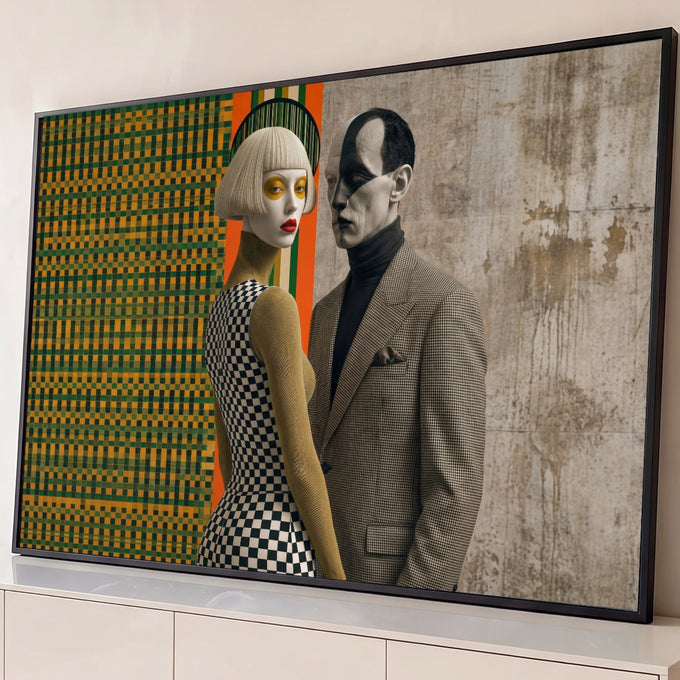Quadro Decorativo Grande Casal Estilizado Preto para Sala | quadros decorativos para sala | mulher de peruca loira e vestido xadrez ao lado de homem com rosto pintado em preto e branco | Porao dos Quadros