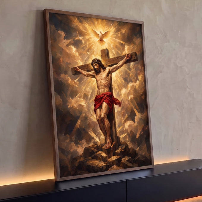 Quadro Decorativo Grande Jesus Crucificado para Sala Dourado | quadros decorativos para sala | Jesus crucificado com coroa de espinhos sob pomba branca iluminada em fundo dourado | Porao dos Quadros