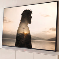 Quadro Decorativo Grande Jesus para Sala Bege - Borda Infinita / 65x100cm