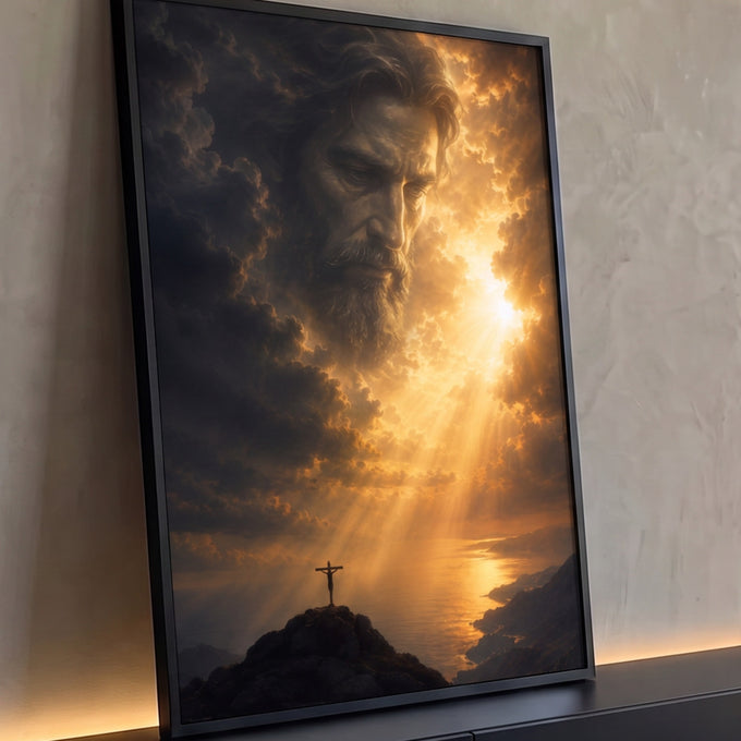 Quadro Decorativo Grande Rosto Divino para Sala Dourado | quadros decorativos para sala | rosto divino formado em nuvens douradas sobre crucifixo em penhasco ao entardecer | Porao dos Quadros