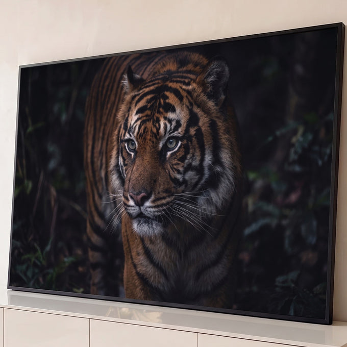 Quadro Decorativo Grande Tigre de Olhos para Sala Laranja | quadros decorativos para sala | tigre olhando fixamente com olhos verdes em fundo de floresta escura | Porao dos Quadros