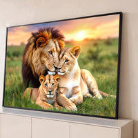 Quadro Decorativo Grande Família de Leões Laranja para Sala - Borda Infinita / 65x100cm