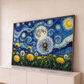 Quadro Decorativo Grande Dandelions sob Céu para Sala Azul | quadros decorativos para sala | dandelions amarelas e brancas sob céu noturno azul com lua grande em espirais | Porao dos Quadros