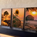 Quadro Decorativo Kit 3 Telas Pôr do Sol Paisagem para Sala | quadros decorativos para sala | tríptico com árvore à beira do rio, girassol à praia e savana ao pôr do sol | Porao dos Quadros