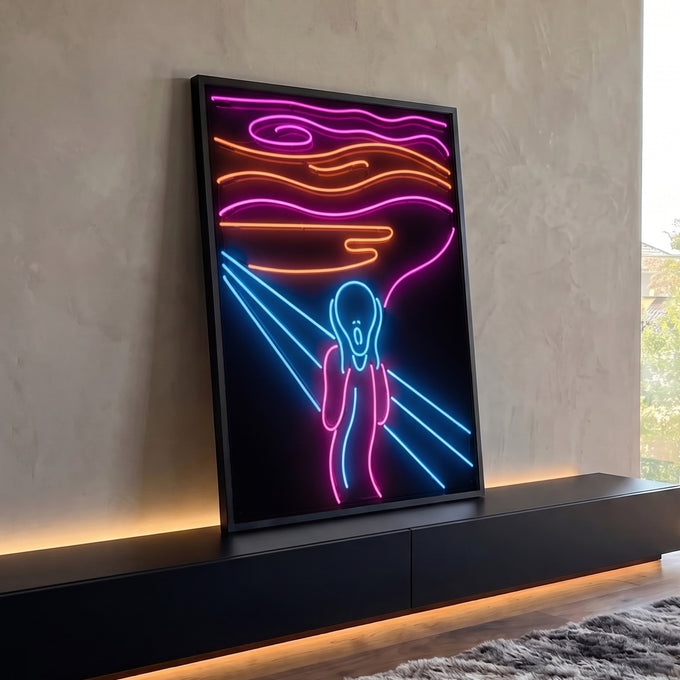 Quadro Decorativo Grande Grito de Munch para Sala Azul | quadros decorativos para sala | figura icônica de O Grito reinterpretada em contornos de neon azul, rosa e laranja | Porao dos Quadros