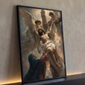 Quadro Decorativo Grande Cristo Crucificado para Sala Branco | quadros decorativos para sala | Cristo crucificado com coroa de espinhos amparado por dois anjos e mulher orando | Porao dos Quadros