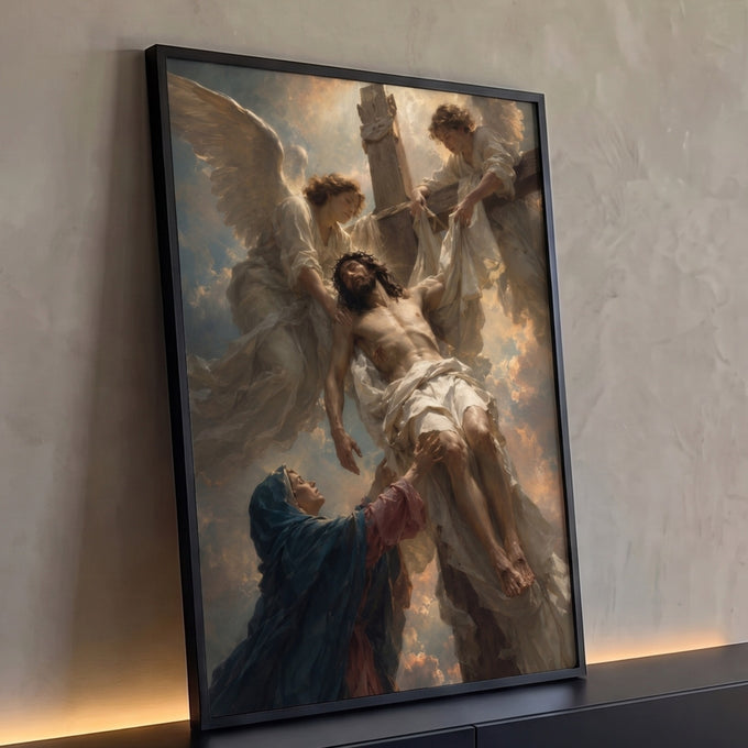 Quadro Decorativo Grande Cristo Crucificado para Sala Branco | quadros decorativos para sala | Cristo crucificado com coroa de espinhos amparado por dois anjos e mulher orando | Porao dos Quadros