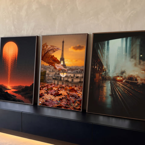 Quadro Decorativo Kit 3 Telas Pôr do Sol Laranja para Sala | quadros decorativos para sala | tríptico com pôr do sol, gota refletindo a Torre Eiffel e trem urbano a vapor | Porao dos Quadros