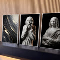 Quadro Decorativo Kit 3 Telas Esculturas para Sala Preto | quadros decorativos para sala | esculturas em mármore de figura gritando e da Mona Lisa, com pintura abstrata preta e dourada | Porao dos Quadros