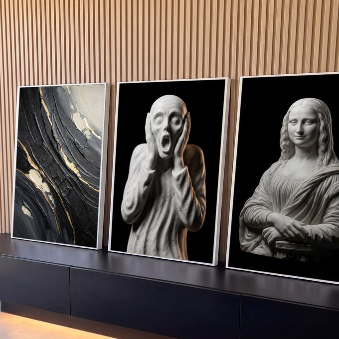 Quadro Decorativo Kit 3 Telas Esculturas para Sala Preto | quadros decorativos para sala | esculturas em mármore de figura gritando e da Mona Lisa, com pintura abstrata preta e dourada | Porao dos Quadros