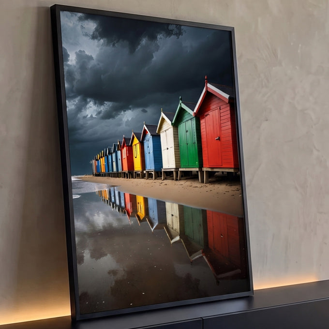 Casinhas de praia coloridas refletidas na areia molhada sob céu escuro de tempestade, quadro decorativo