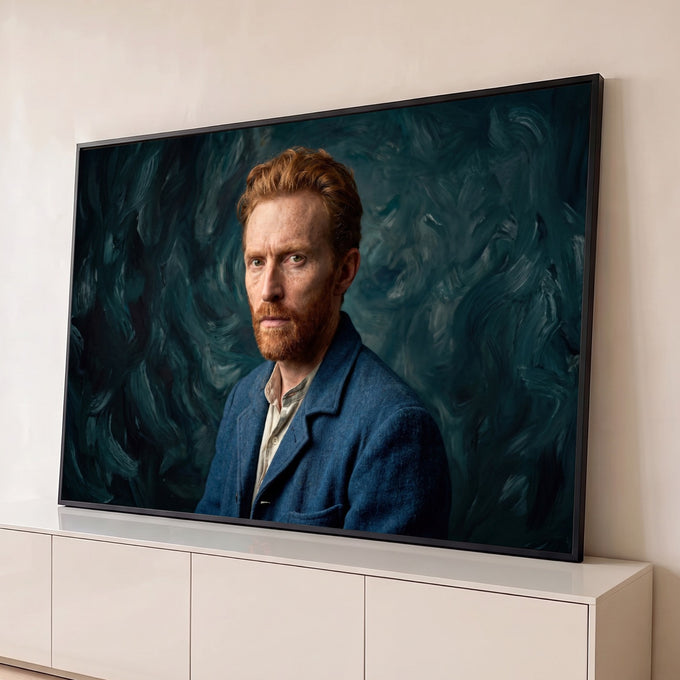 Quadro Decorativo Grande Retrato de Homem para Sala Azul | quadros decorativos para sala | retrato de homem ruivo de barba contra fundo azul com pinceladas sinuosas | Porao dos Quadros
