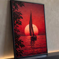 Quadro Decorativo Veleiro ao Pôr do Sol Vermelho | quadros decorativos para sala | veleiro em silhueta diante de um sol vermelho gigante no horizonte do mar | Porao dos Quadros