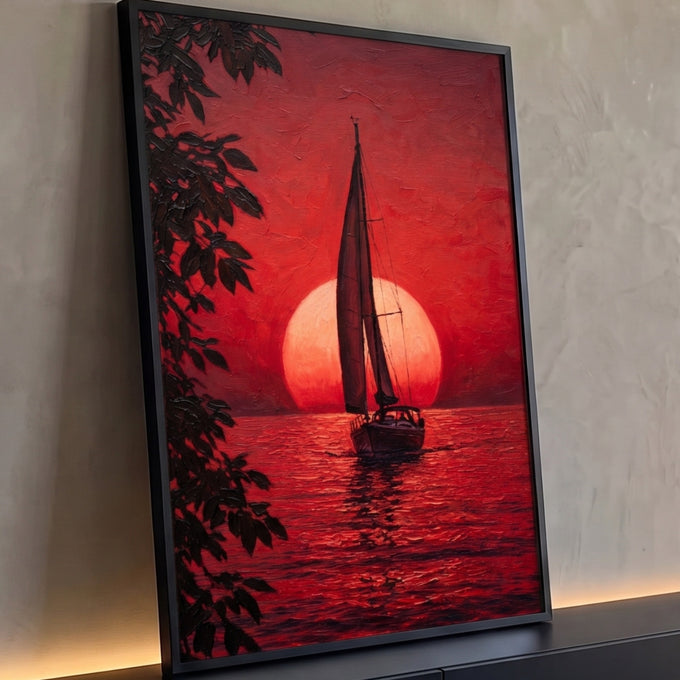 Quadro Decorativo Veleiro ao Pôr do Sol Vermelho | quadros decorativos para sala | veleiro em silhueta diante de um sol vermelho gigante no horizonte do mar | Porao dos Quadros