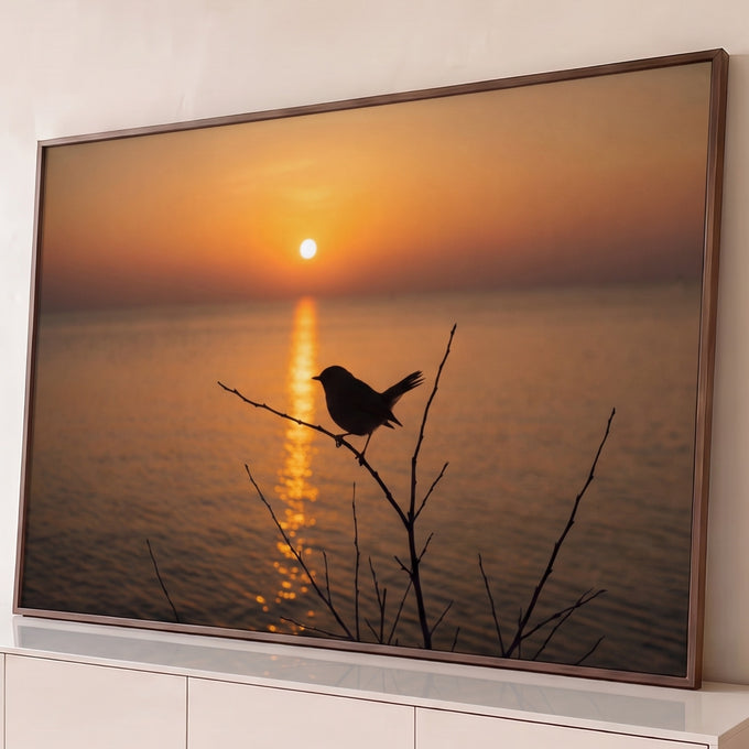 Quadro Decorativo Grande Pássaro em Silhueta Mar para Sala | quadros decorativos para sala | pássaro em silhueta sobre galho com pôr do sol e mar ao fundo | Porao dos Quadros
