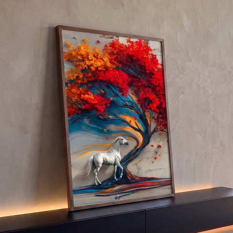Cavalo branco sob árvore de folhas vermelhas e laranja com tronco azul em relevo, quadro decorativo
