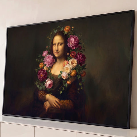 Mona Lisa com coroa de peônias, rosas e hera sobre fundo verde escuro em pintura a óleo, quadro decorativo