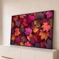 Quadro Decorativo Grande Folhas de Outono Laranja para Sala | quadros decorativos para sala | folhas de bordo coloridas em rosa, laranja e roxo sobrepostas vistas de cima | Porao dos Quadros