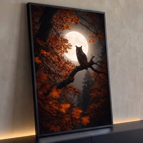 Coruja pousada em galho diante da lua cheia, cercada por folhas de outono laranja, quadro decorativo