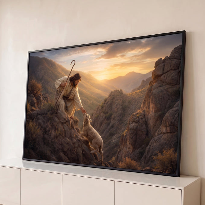 Jesus de manto claro e cajado estendendo a mão a uma ovelha em penhasco ao pôr do sol, quadro decorativo