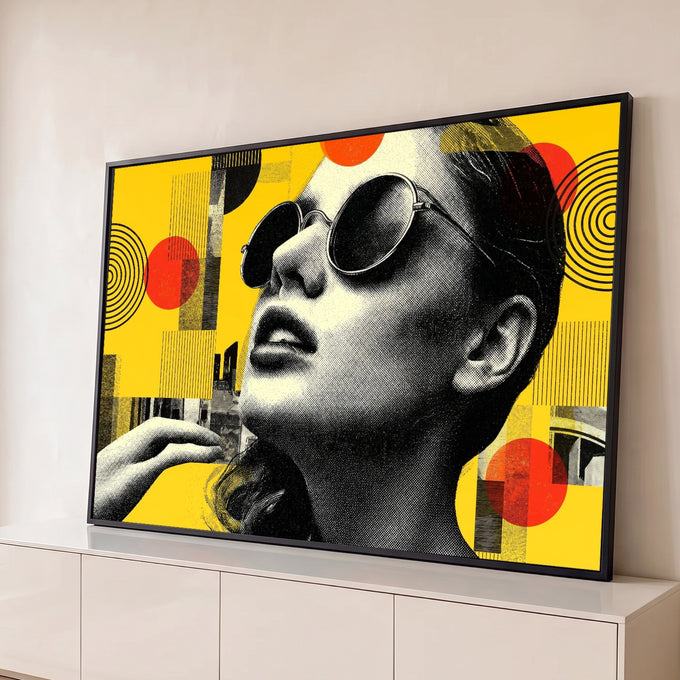 Quadro Decorativo Grande Mulher de Óculos Amarelo para Sala | quadros decorativos para sala | mulher de óculos redondos vintage em preto e branco sobre fundo amarelo pop art | Porao dos Quadros