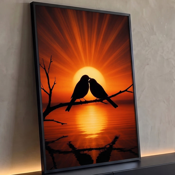 Dois pássaros em silhueta se beijando num galho ao pôr do sol laranja com reflexo na água, quadro decorativo