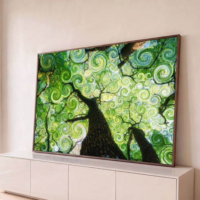 Quadro Decorativo Grande Copa de Árvores para Sala Verde | quadros decorativos para sala | copas de árvores vistas de baixo com efeito espiral verde hipnótico | Porao dos Quadros