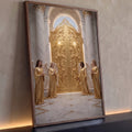 Quadro Decorativo Grande Anjos Dourados para Sala Dourado | quadros decorativos para sala | quatro anjos dourados em oração diante de portão ornamentado de ouro entre colunas de mármore | Porao dos Quadros