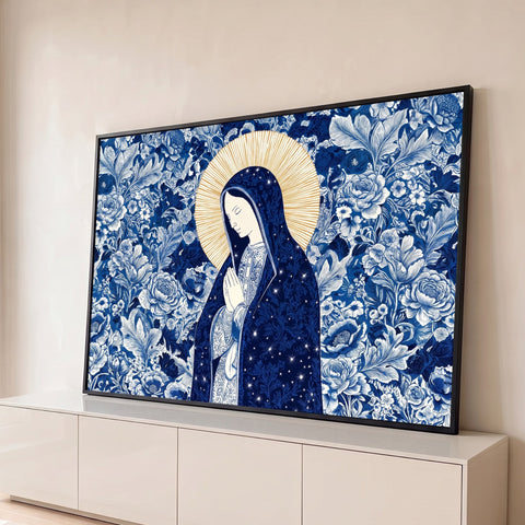 Nossa Senhora em oração com manto azul estrelado e auréola dourada sobre fundo floral azul, quadro decorativo