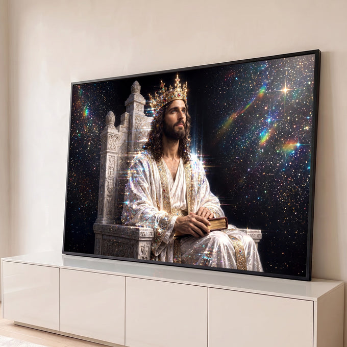 Jesus Cristo coroado sentado em trono de mármore com livro sagrado sob céu estrelado, quadro decorativo