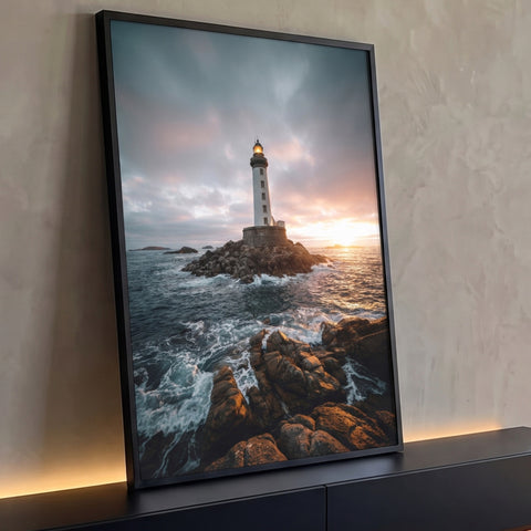 Farol branco sobre rochas em mar agitado com ondas e pôr do sol entre nuvens, quadro decorativo