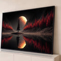 Quadro Decorativo Grande Lua Dourada para Sala Preto | quadros decorativos para sala | lua dourada e avermelhada entre montanhas com pinheiros vermelhos refletidos no lago | Porao dos Quadros