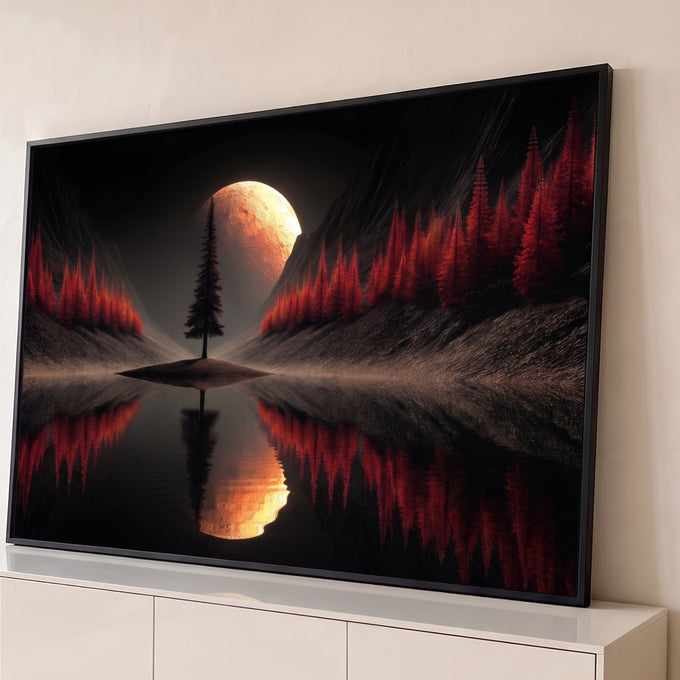 Quadro Decorativo Grande Lua Dourada para Sala Preto | quadros decorativos para sala | lua dourada e avermelhada entre montanhas com pinheiros vermelhos refletidos no lago | Porao dos Quadros