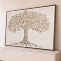 Quadro Decorativo Grande Árvore em Relevo para Sala Bege | quadros decorativos para sala | árvore em relevo texturizado com folhas bege e creme sobre fundo claro | Porao dos Quadros