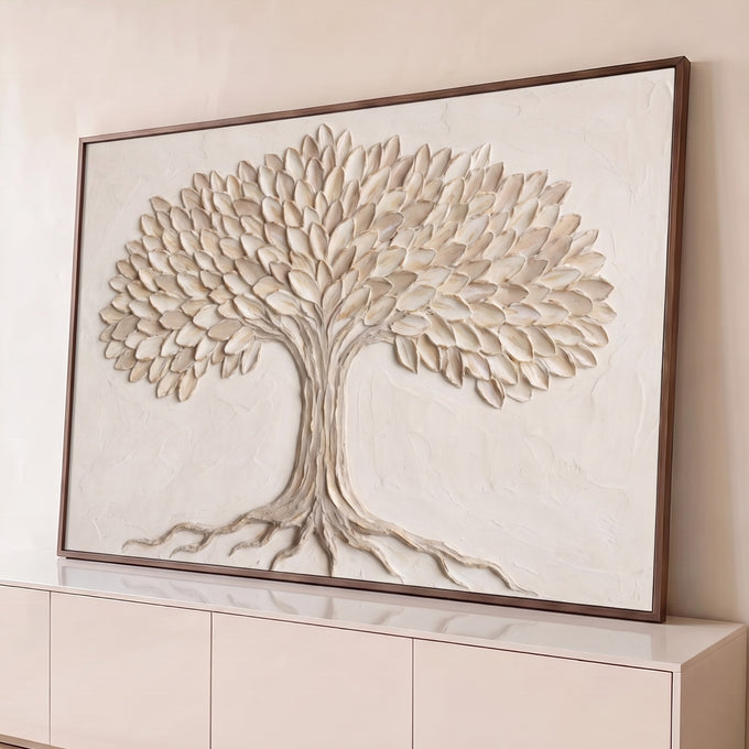 Quadro Decorativo Grande Árvore em Relevo para Sala Bege | quadros decorativos para sala | árvore em relevo texturizado com folhas bege e creme sobre fundo claro | Porao dos Quadros