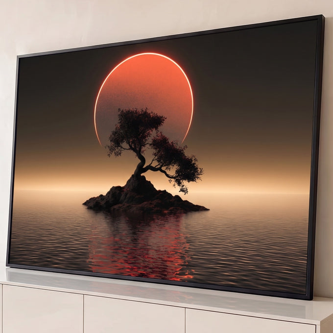 Quadro Decorativo Grande Árvore Solitária para Sala Preto | quadros decorativos para sala | árvore solitária em ilha de pedra com sol vermelho gigante refletido no mar escuro | Porao dos Quadros