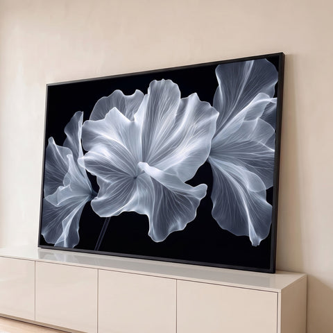 Três flores brancas translúcidas em efeito raio-x com nervuras visíveis sobre fundo preto, quadro decorativo