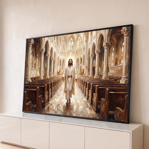 Jesus de túnica clara caminhando no corredor de igreja gótica entre bancos de madeira, quadro decorativo
