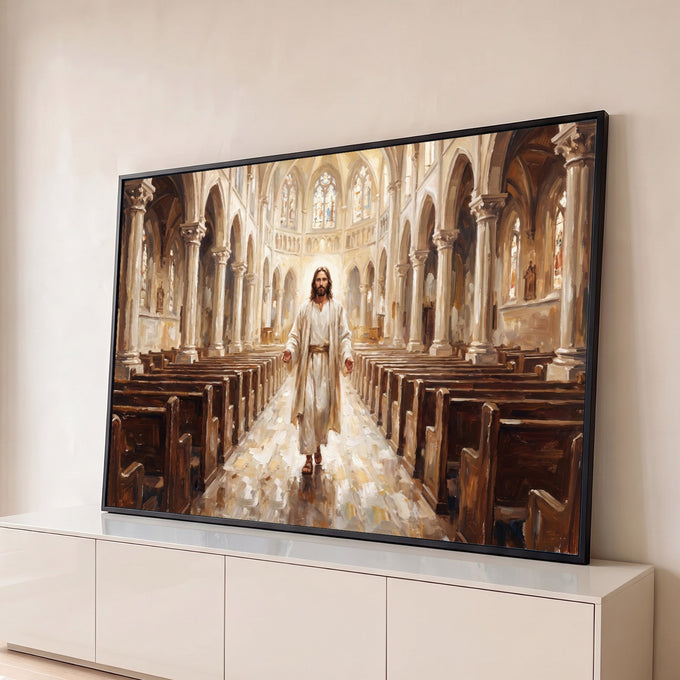 Quadro Decorativo Grande Jesus Catedral Dourada para Sala | quadros decorativos para sala | Jesus de túnica branca caminhando em corredor de catedral com luz dourada e vitrais | Porao dos Quadros