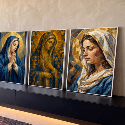Quadro Decorativo Kit 3 Telas Nossa Senhora para Sala | quadros decorativos para sala | três versões de Nossa Senhora em oração com véu azul e auréola dourada em estilos geométrico e impressionista | Porao dos Quadros
