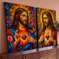 Quadro Decorativo Kit 2 Telas Sagrado Coração para Sala | quadros decorativos para sala | Jesus Cristo com Sagrado Coração em estilo geométrico dourado e azul, duas telas | Porao dos Quadros