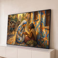 Madre Teresa ajoelhada segurando as mãos de uma idosa numa rua da Índia em estilo mosaico, quadro decorativo
