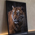 Tigre em close com listras laranja e pretas e olhos verdes sobre fundo escuro, quadro decorativo
