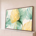 Quadro Decorativo Grande Folhas Tropicais para Sala Amarelo | quadros decorativos para sala | folhas tropicais em aquarela dourada e verde com nervuras finas sobre fundo branco | Porao dos Quadros